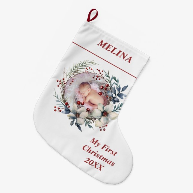 Floral wreath Baby's First Christmas photo Large Christmas Stocking (Front (Hanging))