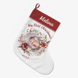 Floral wreath Baby's First Christmas photo red Large Christmas Stocking