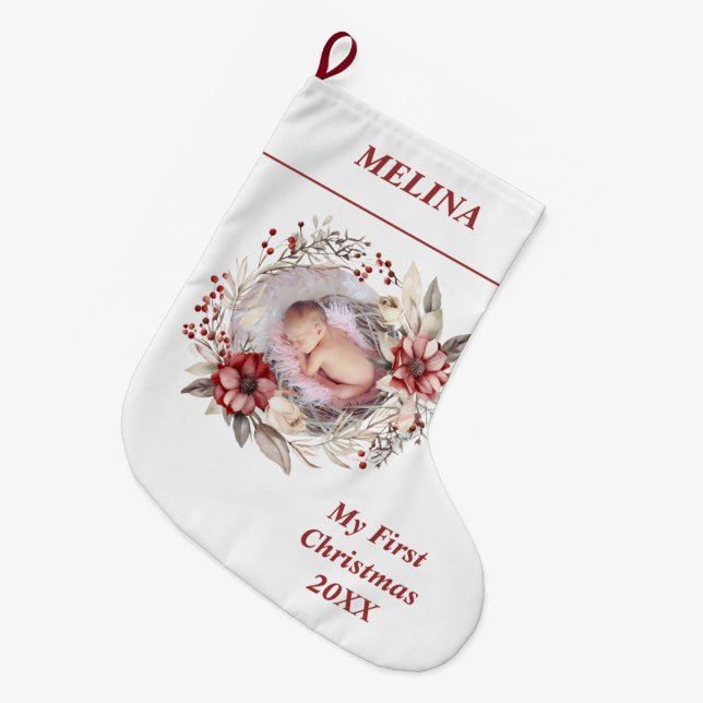 Floral wreath Baby's First Christmas red photo Large Christmas Stocking (Front (Hanging))