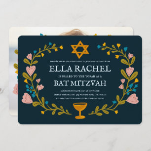 Floral Wreath Bat Mitzvah Hand-drawn Custom  Invitation