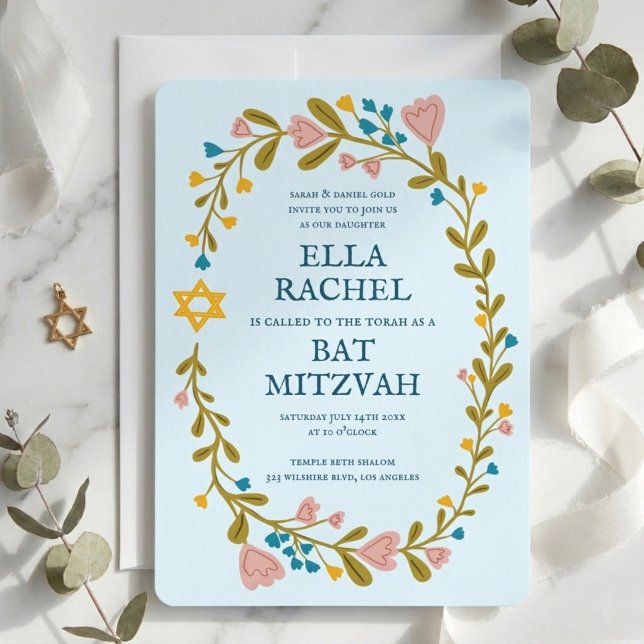 Floral Wreath Bat Mitzvah Hand-drawn Custom Invitation (Floral Wreath Bat Mitzvah Hand-drawn Custom Invitation
)