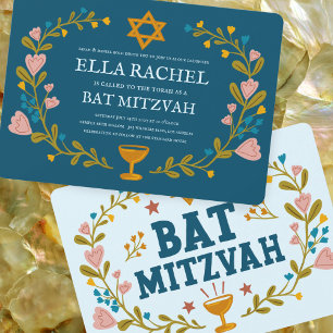 Floral Wreath Bat Mitzvah Hand-drawn Custom  Invitation
