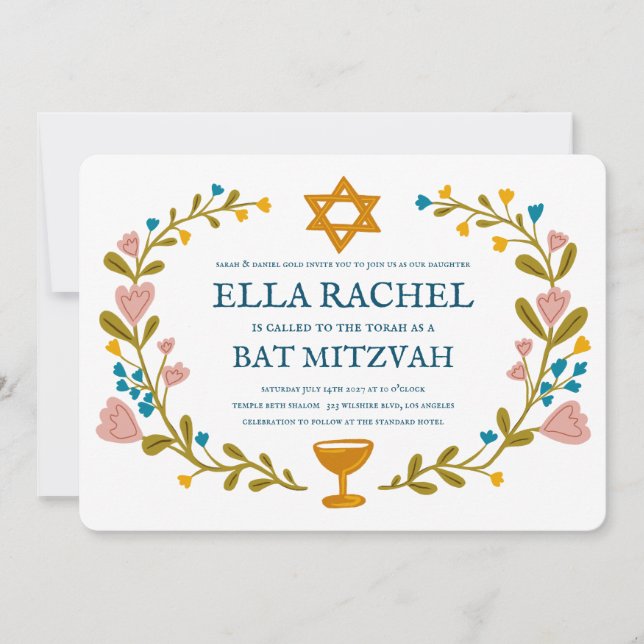 Floral Wreath Bat Mitzvah Hand-drawn Custom  Invitation (Front)