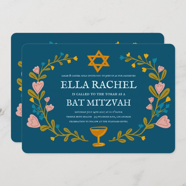 Floral Wreath Bat Mitzvah Hand-drawn Custom  Invitation (Front/Back)