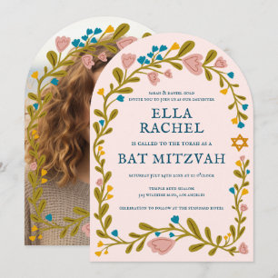 Floral Wreath Bat Mitzvah Hand-drawn Custom PHOTO Invitation