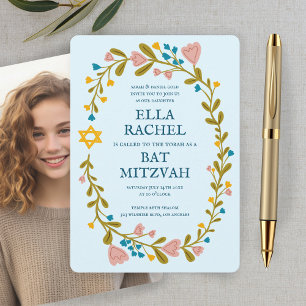 Floral Wreath Bat Mitzvah Hand-drawn Custom Photo Invitation