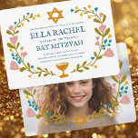 Floral Wreath Bat Mitzvah Hand-drawn Custom Photo Invitation<br><div class="desc">Perfect card to announce a bar mitzvah, bat mitzvah or other Jewish celebration! Hand made art for you! FULLY CUSTOMIZABLE! Click on “Personalise” above to edit the text and add your own photo to the back. Click "edit using design tool" to adjust the fonts, colours and placements. Also you can...</div>