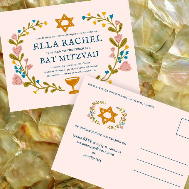 Floral Wreath Bat Mitzvah Hand-drawn Custom  Postcard (Floral Wreath Bat Mitzvah Invitation Hand-drawn Custom Postcard
)