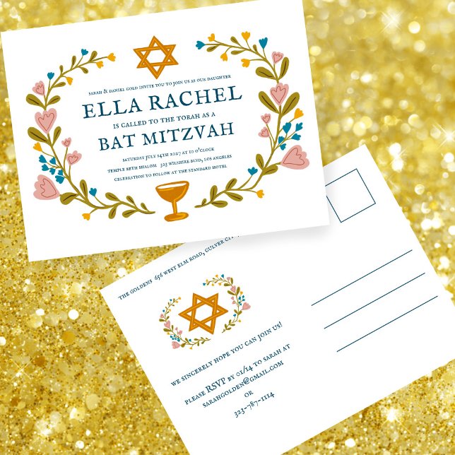 Floral Wreath Bat Mitzvah Hand-drawn Custom  Postcard (Floral Wreath Bat Mitzvah Invitation Hand-drawn Custom Postcard
)
