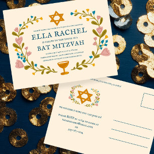 Floral Wreath Bat Mitzvah Hand-drawn Custom  Postcard