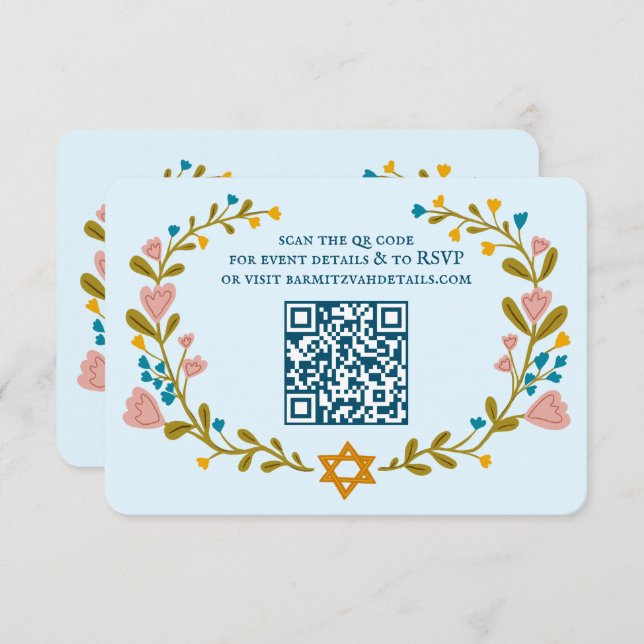 Floral Wreath Bat Mitzvah Hand-drawn Custom QRcode Enclosure Card (Front/Back)