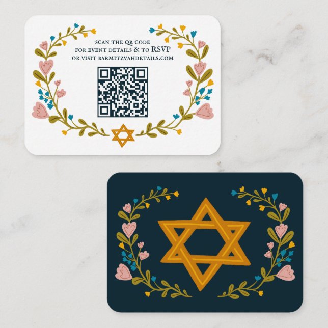 Floral Wreath Bat Mitzvah Hand-drawn Custom QRcode Enclosure Card (Front/Back)