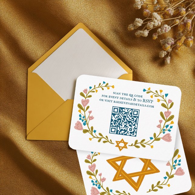 Floral Wreath Bat Mitzvah Hand-drawn Custom QRcode Enclosure Card (Floral Wreath Bat Mitzvah Hand-drawn Custom QR code Enclosure Card
)