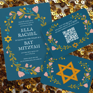 Floral Wreath Bat Mitzvah Hand-drawn Custom QRcode Enclosure Card