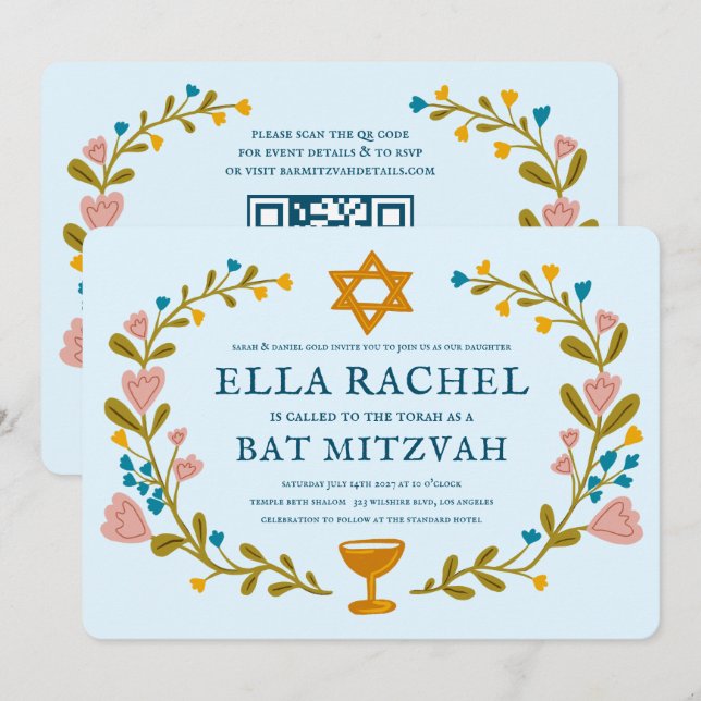 Floral Wreath Bat Mitzvah Hand-drawn Custom QRcode Invitation (Front/Back)