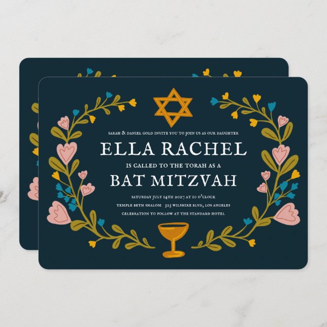 Floral Wreath Bat Mitzvah Hand-drawn Custom QRcode Invitation (Front/Back)