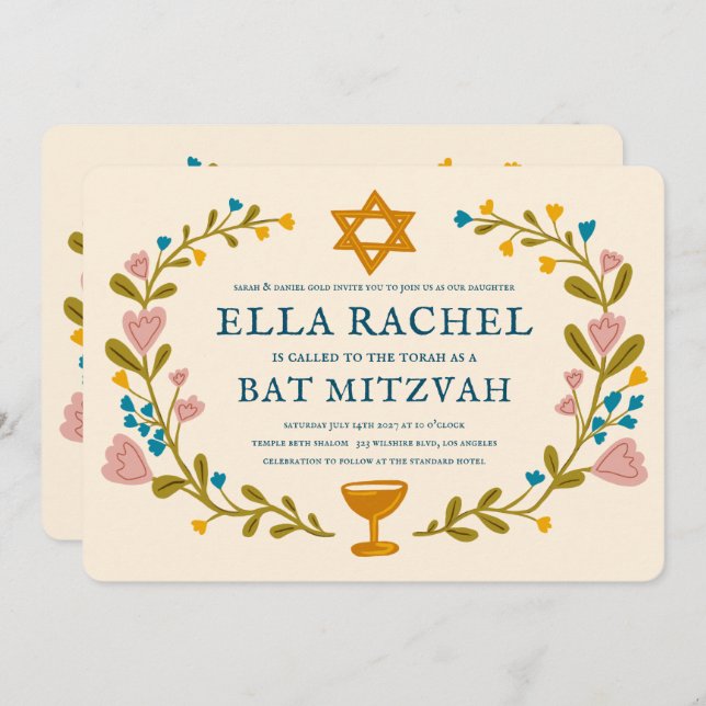 Floral Wreath Bat Mitzvah Hand-drawn Custom QRcode Invitation (Front/Back)