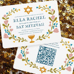 Floral Wreath Bat Mitzvah Hand-drawn Custom QRcode Invitation<br><div class="desc">Perfect card to announce a bar mitzvah, bat mitzvah or other Jewish celebration! Hand made art for you! FULLY CUSTOMIZABLE! Click on “Personalise” above to edit the text and add your links to the QR code on the back. Click "edit using design tool" to adjust the fonts, colours and placements....</div>