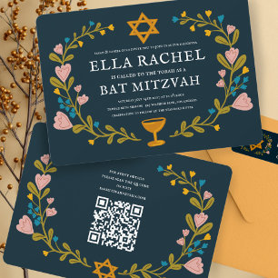 Floral Wreath Bat Mitzvah Hand-drawn Custom QRcode Invitation