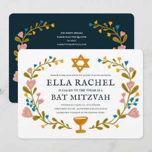 Floral Wreath Bat Mitzvah Hand-drawn Custom QRcode Invitation