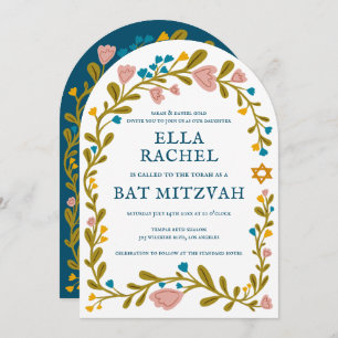 Floral Wreath Bat Mitzvah Hand-drawn Custom QRcode Invitation