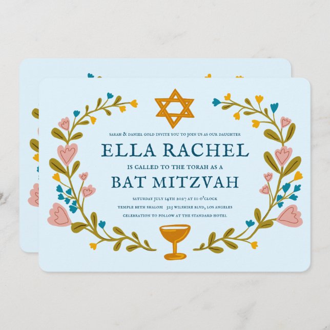 Floral Wreath Bat Mitzvah Hand-drawn Custom QRcode Invitation (Front/Back)