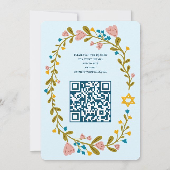 Floral Wreath Bat Mitzvah Hand-drawn Custom QRcode Invitation (Back)
