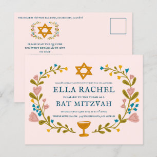 Floral Wreath Bat Mitzvah Hand-drawn Custom QRcode Postcard