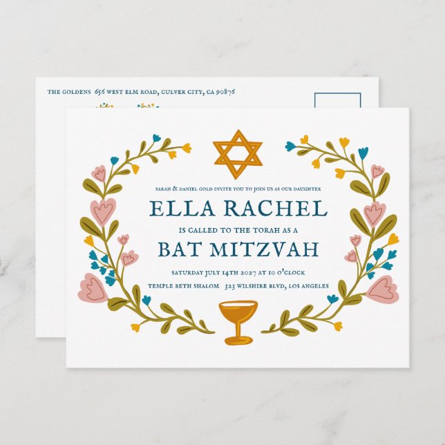 Floral Wreath Bat Mitzvah Hand-drawn Custom QRcode Postcard (Front/Back)