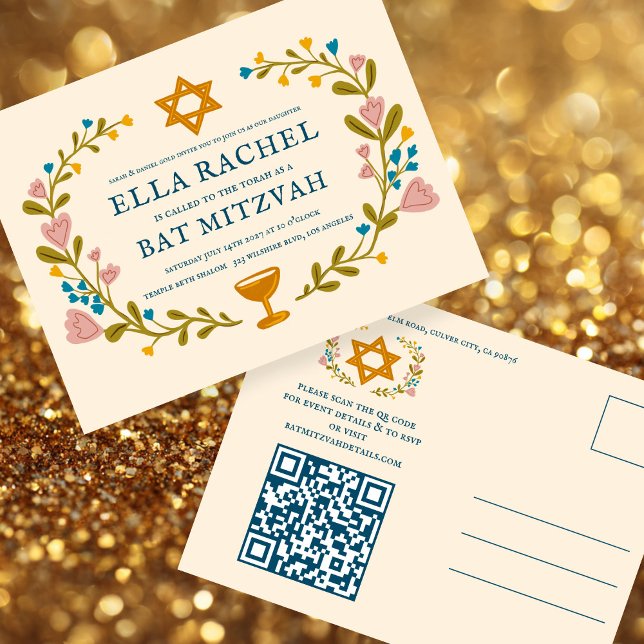 Floral Wreath Bat Mitzvah Hand-drawn Custom QRcode Postcard (Floral Wreath Bat Mitzvah Hand-drawn Custom QR code Postcard Invitation
)