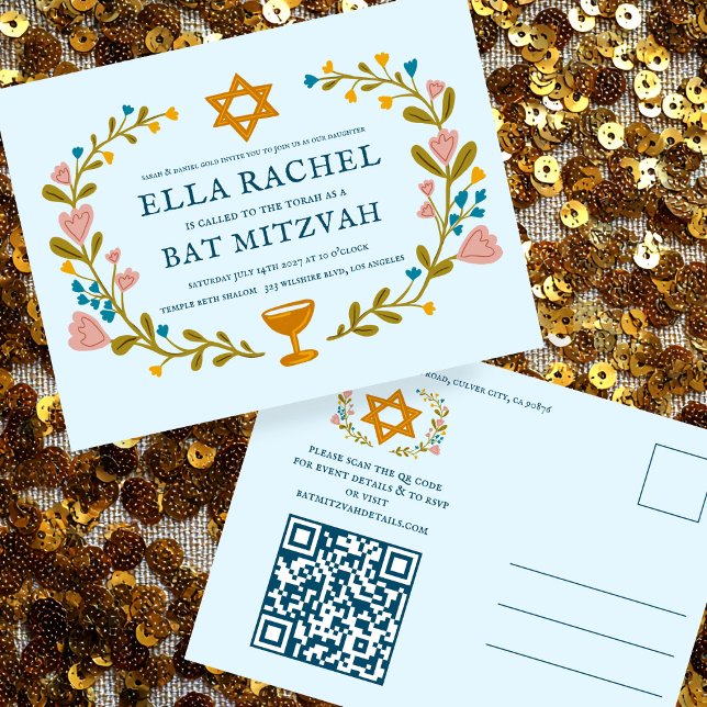 Floral Wreath Bat Mitzvah Hand-drawn Custom QRcode Postcard (Floral Wreath Bat Mitzvah Hand-drawn Invitation Custom QR code Postcard
)