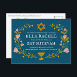 Floral Wreath Bat Mitzvah Hand-drawn Custom QRcode Postcard<br><div class="desc">Perfect postcard to announce a bar mitzvah, bat mitzvah or other Jewish celebration! Hand made art for you! FULLY CUSTOMIZABLE! Click on “Personalise” above to edit the text and add your link to the QR code on the back. Click "edit using design tool" to adjust the fonts, colours and placements....</div>