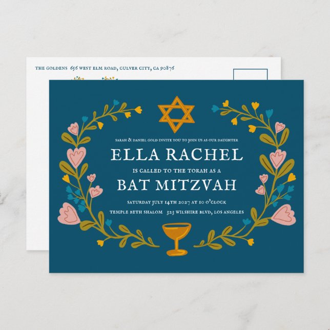 Floral Wreath Bat Mitzvah Hand-drawn Custom QRcode Postcard (Front/Back)