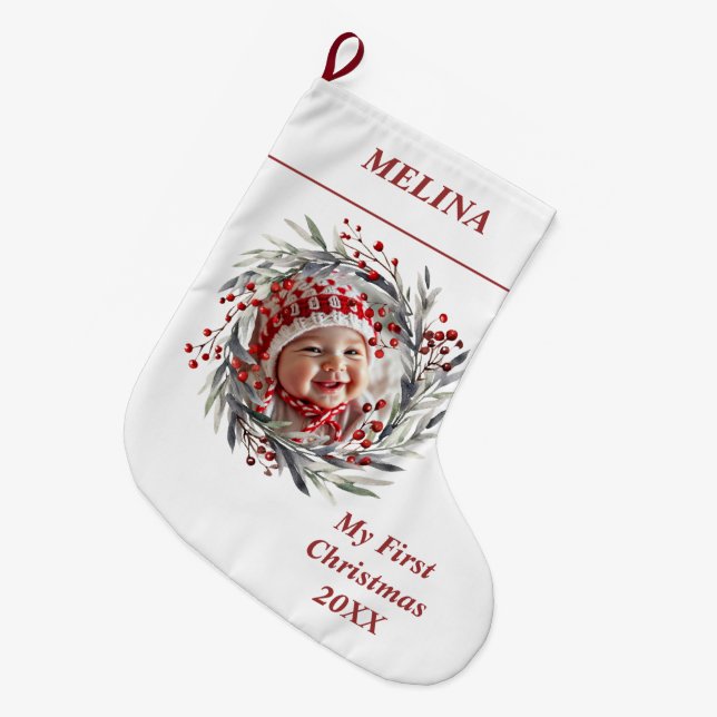 Floral wreath berries Baby's First Christmas photo Large Christmas Stocking (Front (Hanging))