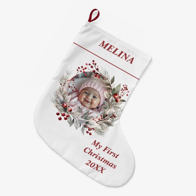 Floral wreath berries Baby's First Christmas photo Large Christmas Stocking (Front (Hanging))