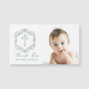 Floral Wreath Blue Cross Baptism Photo Thank You 