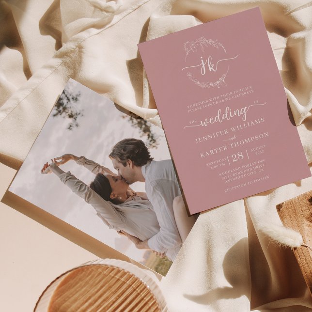 Floral Wreath Blush Pink Monogram Photo Wedding  Invitation (Creator Uploaded)