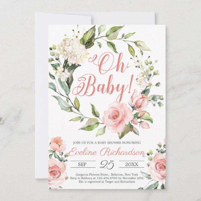 Floral wreath bohemian blush pink floral baby invitation (Front)