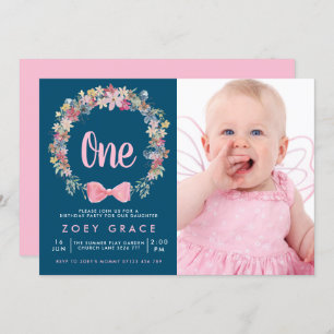 Floral Wreath & Bow Girl's 1st Birthday Photo Invitation