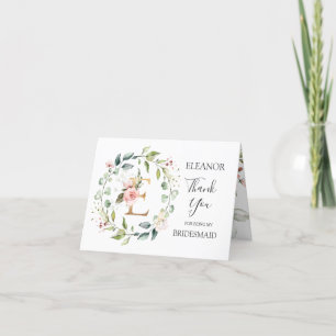 Floral Wreath Bridesmaid  letter E Thank You card