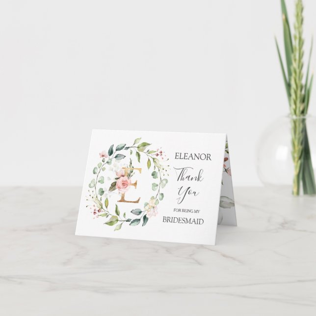 Floral Wreath Bridesmaid  letter E Thank You card (Front)