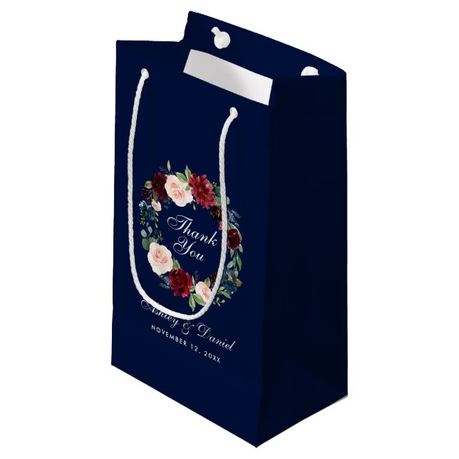 Floral Wreath Burgundy Blue Wedding Thank You Small Gift Bag (Front Angled)