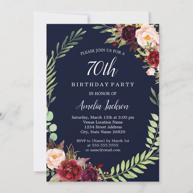 Floral Wreath Burgundy Navy 70th Birthday Invitation (Front)