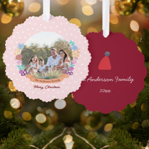 Floral Wreath Cat Blush Pink Christmas Photo Tree Decoration Card