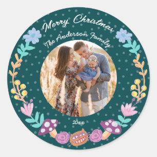 Floral wreath cheshire cat green Christmas photo Classic Round Sticker