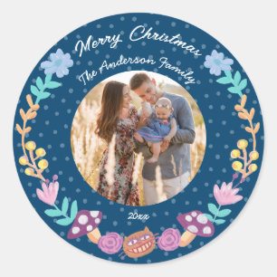 Floral wreath cheshire cat navy Christmas photo Classic Round Sticker