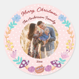 Floral wreath cheshire cat pink Christmas photo Classic Round Sticker