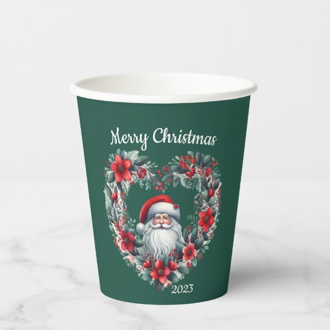 Floral Wreath - Christmas 2023 Santa Claus Paper Cups (Front)