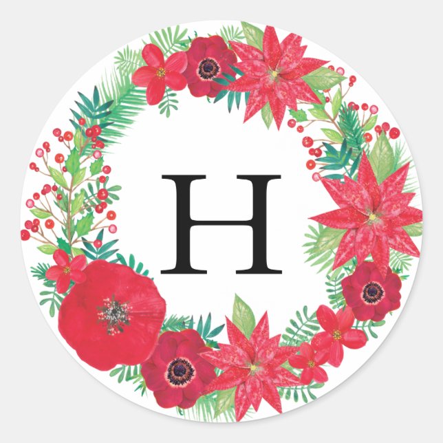 Floral Wreath Christmas Personalised Initials Classic Round Sticker (Front)