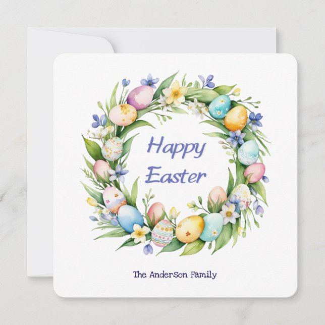 Floral Wreath Colourful Happy Easter Eggs Holiday Card (Front)